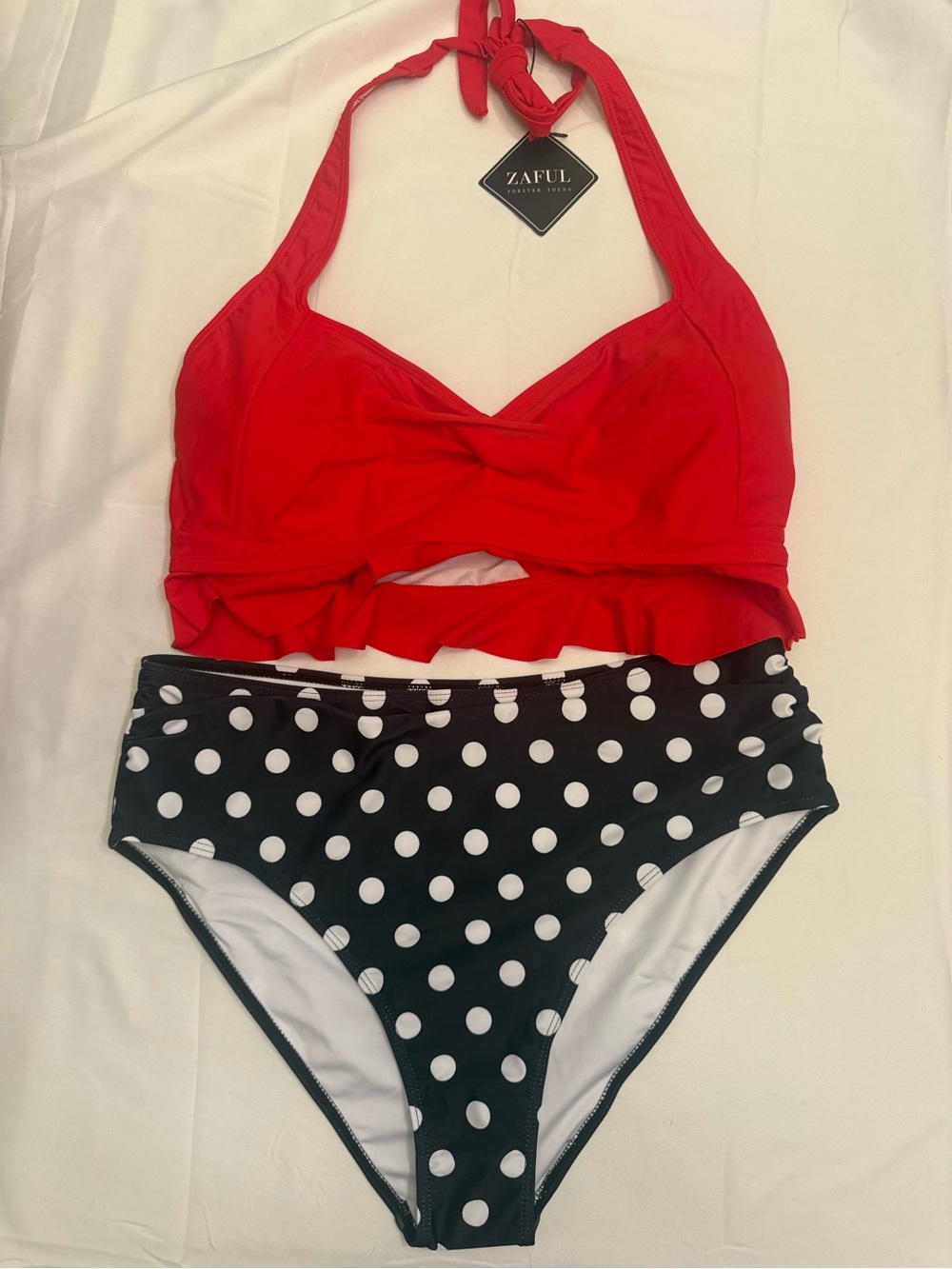 Zaful Red Halter Bikini Top with Black & White Polka Dot High-Waist Bottoms